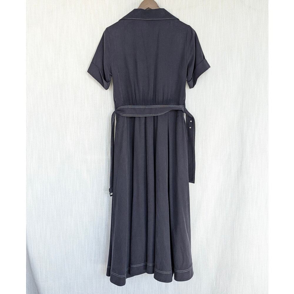 Elie Tahari Shirt Midi Dress Womens 6 Navy Linen Blend Short Sleeve Belted - Picture 3 of 10
